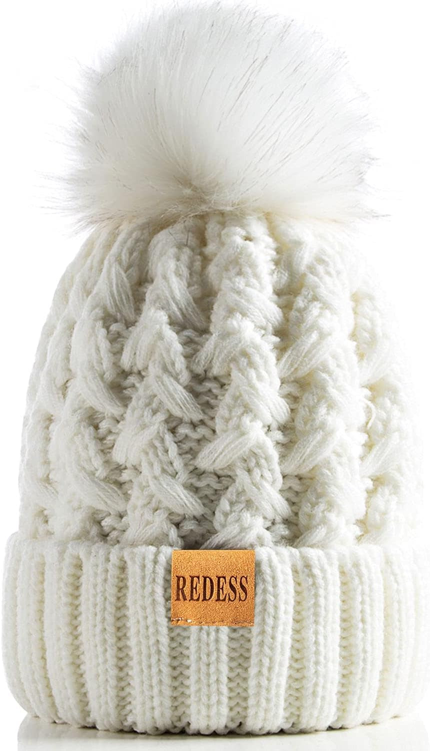 Women Winter Pompom Beanie Hat Fleece Lined Warm Hats, Thick Slouchy Snow Knit Crossed Cap for Ladies…