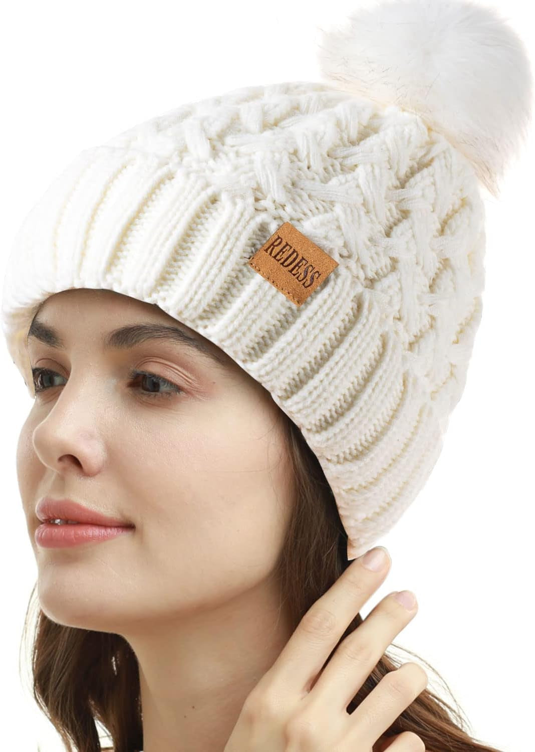 Women Winter Pompom Beanie Hat Fleece Lined Warm Hats, Thick Slouchy Snow Knit Crossed Cap for Ladies…